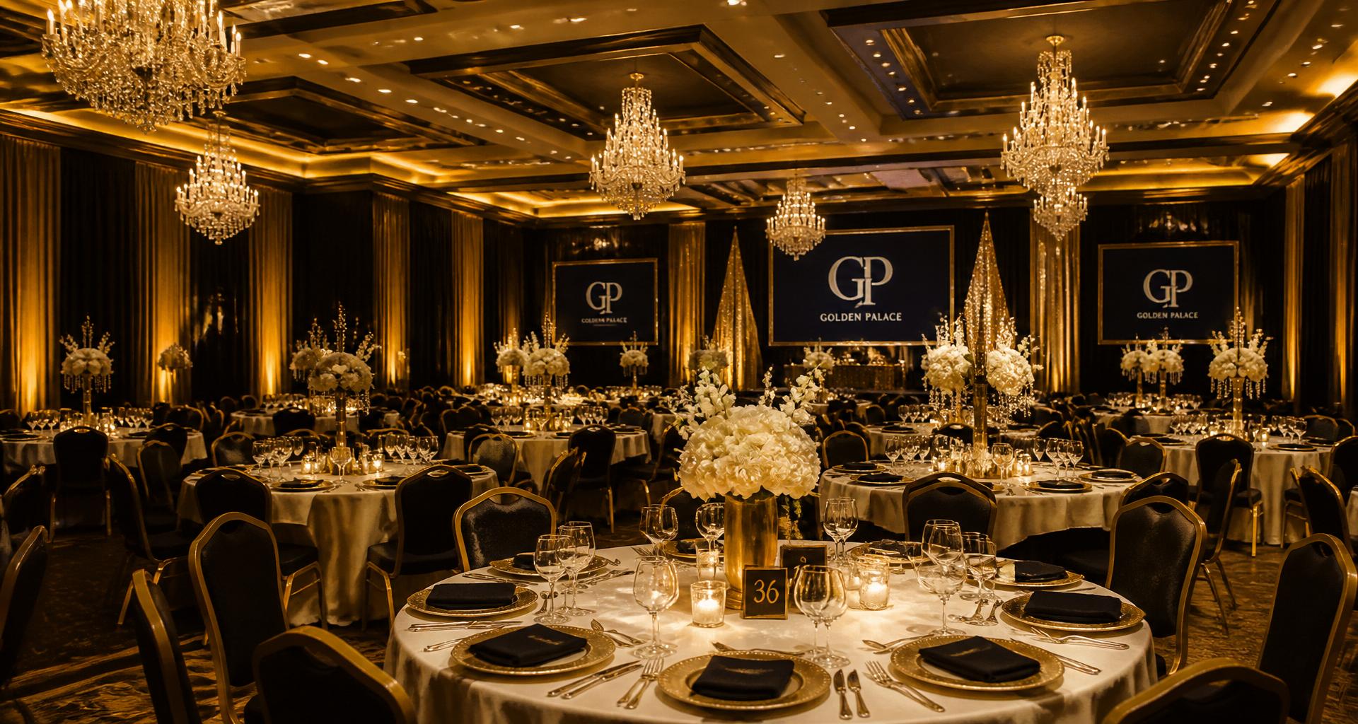 Luxury event venue with gold and black decor